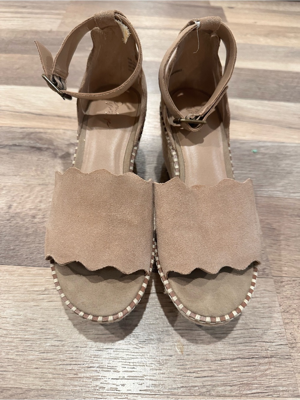 Crown Vintage Scalloped Tan Suede Ankle-Strap Sandals